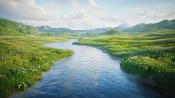 A river running through a green field with grass and flowers photo