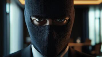 A man in a black mask and suit photo