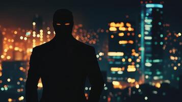 A man in a suit stands in front of a city at night photo