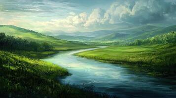 A painting of a river in a green field photo