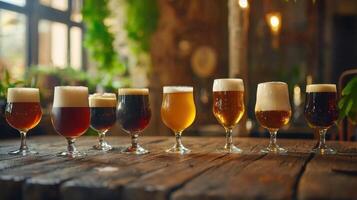 A row of beer glasses lined up on a table photo