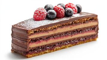 A piece of chocolate cake with berries on top photo