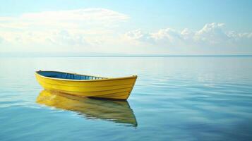 A yellow boat is floating on the water photo