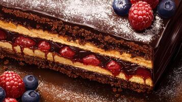 A piece of chocolate cake with berries and chocolate frosting photo