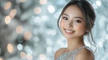 Beautiful asian woman smiling with sparkly lights background photo