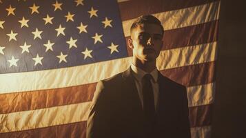 A man in a suit stands in front of an american flag photo