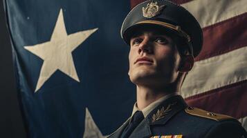 A man in uniform stands in front of an american flag photo