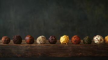 A row of chocolate eggs on a wooden table photo