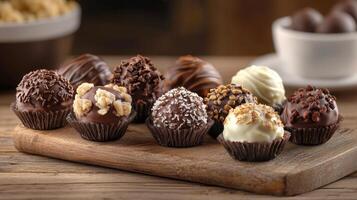 Chocolate truffles on a wooden tray photo
