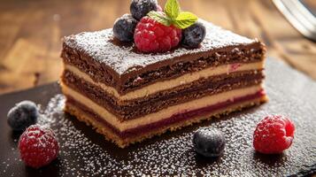 A chocolate cake with blueberries and mint leaves on top photo