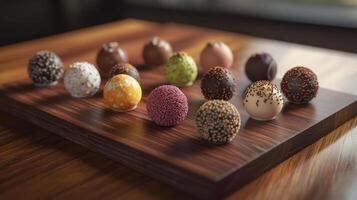 A wooden tray with many different colored eggs photo