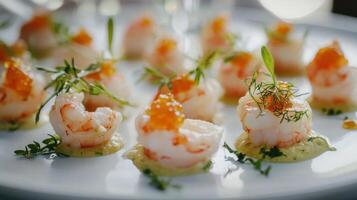 A plate of shrimp with a garnish of herbs photo