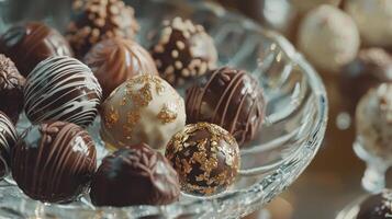 Chocolate covered candies in a glass bowl photo
