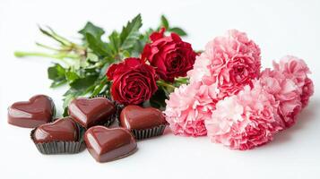 A bouquet of pink carnations and chocolates photo