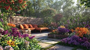 A garden with a stone wall and a bench photo