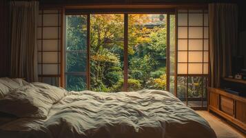 A bedroom with a bed and window overlooking a garden photo