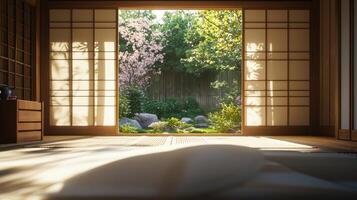 Japanese garden interior with open door photo
