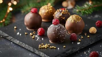 Chocolate truffles with raspberries and gold flakes photo