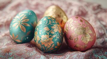 Four painted eggs with floral designs on them are sitting on a pink cloth photo