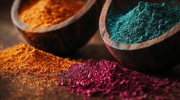 Colorful powders in wooden spoons photo
