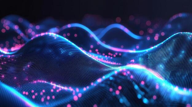 Vibrant digital waves undulate with glowing dots scattered throughout, creating a captivating visual effect in a dark background space. The colors blend seamlessly to enhance the scene photo