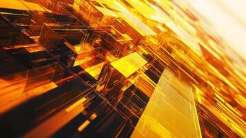 Warm amber tones dominate the visual landscape, showcasing intricate geometric shapes and layers. The interplay of light and texture creates a dynamic, abstract composition photo