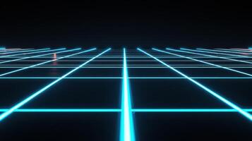 A glowing grid stretches across the foreground, featuring bright neon lines against a dark backdrop. This digital scene evokes a sense of depth and modernity, emphasizing technology photo