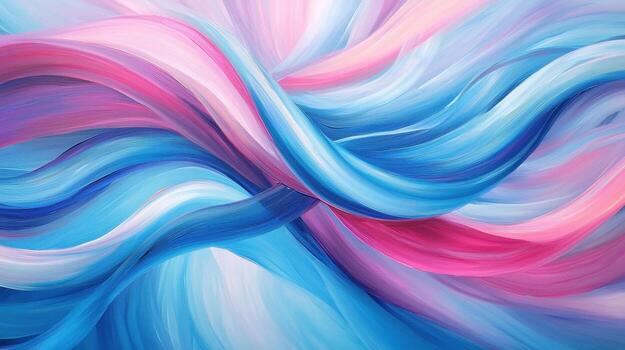 A beautiful abstract work of art showcases flowing waves of blue, pink, and lavender. The smooth brush strokes create a serene and dynamic composition filled with energy photo