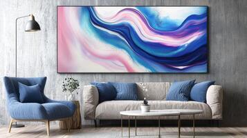 A living room showcases a large abstract artwork with flowing blue and pink patterns above a cozy sofa. Stylish armchairs and a coffee table complete the inviting space photo