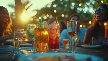 A group of people sitting at a table with drinks photo