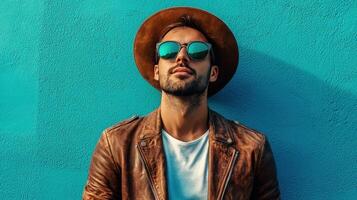 A man wearing a hat and sunglasses against a blue wall photo