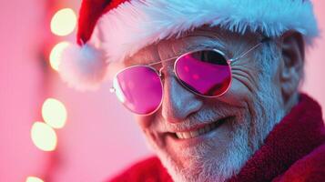 A smiling santa claus wearing pink sunglasses photo