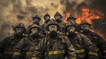 A group of firefighters standing in front of a burning building photo