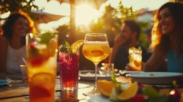 A group of people sitting at a table with drinks photo