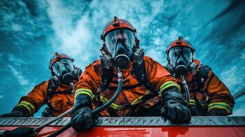 Firefighters in protective gear against a blue sky photo