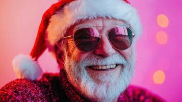 A smiling santa claus wearing sunglasses and a red sweater photo