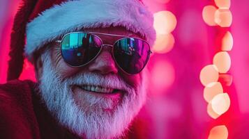 A smiling santa claus wearing sunglasses and a red hat photo
