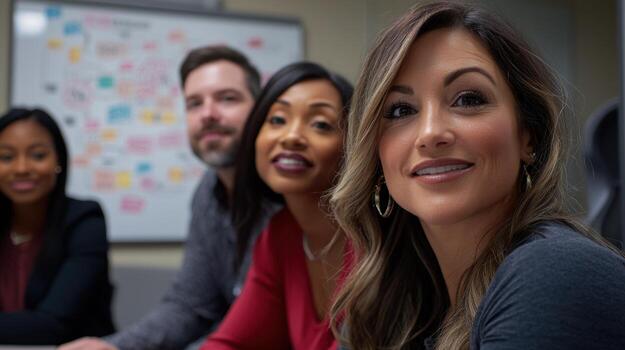 A group of people sitting at a table in an office photo