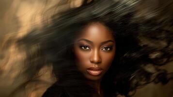 A beautiful woman with long hair blowing in the wind photo