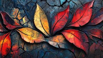 Detailed illustration of autumn leaves in shades of red, orange, and yellow against a cracked black surface, highlighting the beauty of the season and nature's transition photo