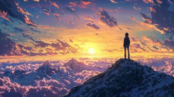 Anime wallpaper, man standing on top of mountain, sunset, clouds, mountains, sky photo