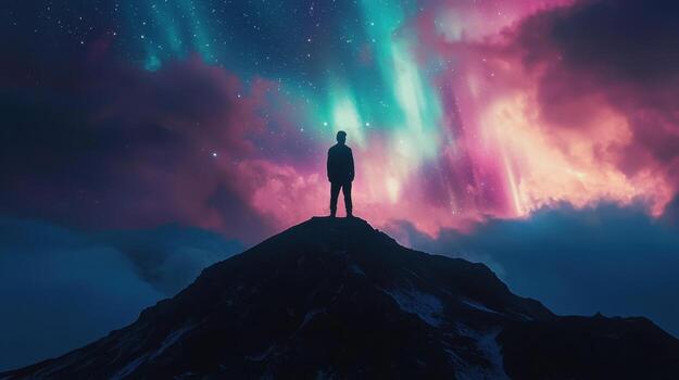 A man standing on top of a mountain with the aurora lights in the background photo