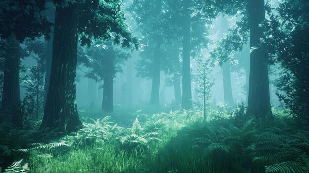 A forest with trees and ferns in the middle photo