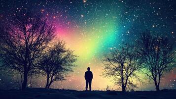 A person standing in front of a tree with a colorful aurora borealis photo