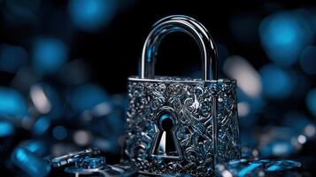A silver lock with a keyhole sits on a pile of shiny blue stones photo