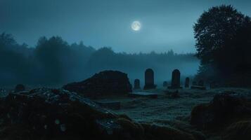 A graveyard with tombstones and trees at night photo