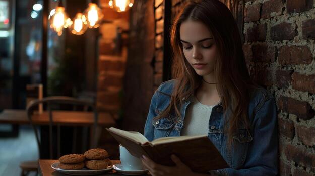 A woman is reading a book while sitting at a table photo