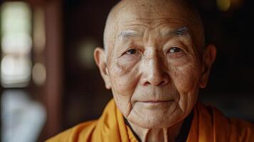An old monk in a yellow robe photo