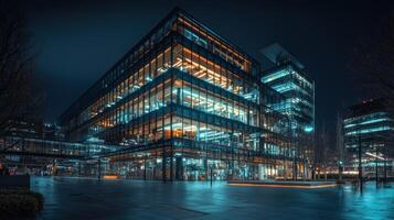 A building at night with lights on photo