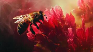 A bee hovers near bright red blossoms, extracting nectar in a sunlit garden. This activity highlights essential pollination as spring blooms flourish photo